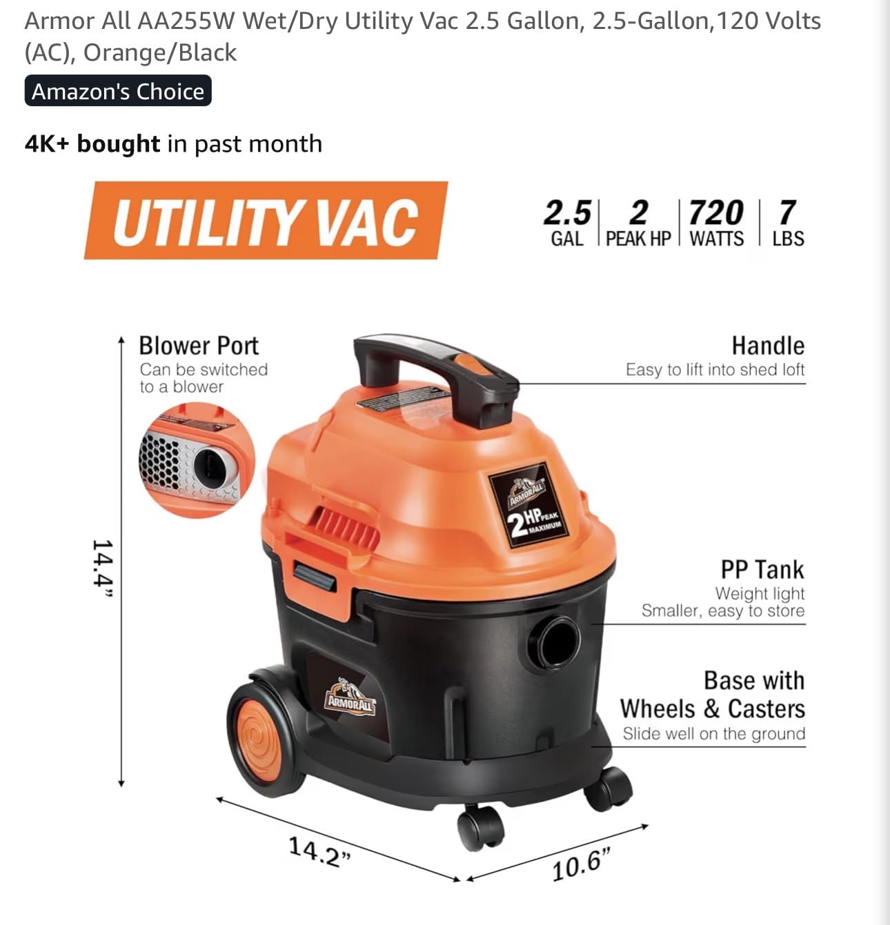Armor All AA255W 2.5 Gal 2 Peak HP Wet/Dry Utility Vac Orange/Black customer photo 1