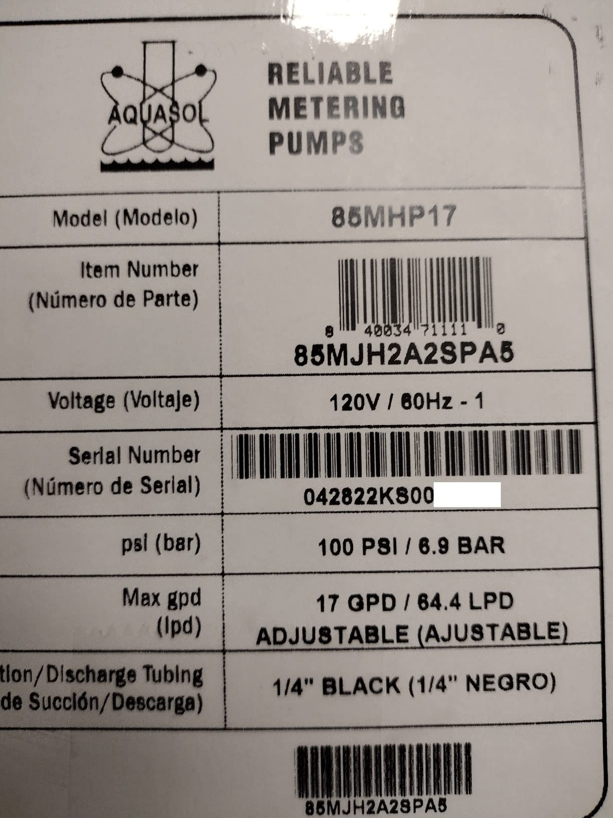 Stenner 85MJH2A2S Peristaltic Adjustable-Head Chemical Injection Pump, 0.8-17 GPD, 100 PSI, 120V, Polycarbonate, Black customer photo 1