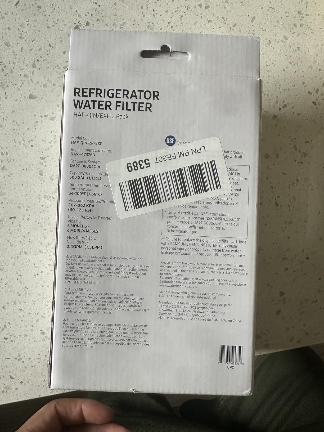 Samsung HAF-QIN/EXP Genuine Refrigerator Water Filter, Reduces 99% of Harmful Contaminants for Clean, Clear Drinking Water, 6-Month Life, Easy Install, Pack of 1 customer photo 2