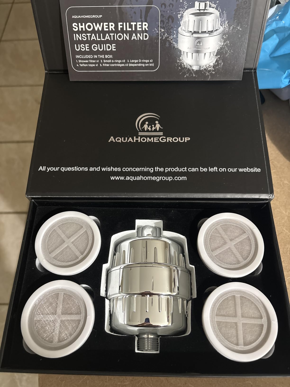 AquaHomeGroup 20 Stage Shower Filter with Vitamin C E and A - Reduces Chlorine, Heavy Metals and Sediment - 5 Cartridges Included - High Pressure - Universal Fit customer photo 1