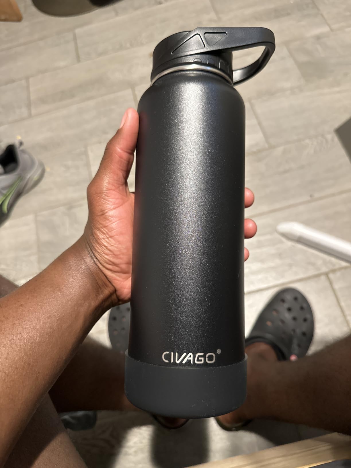 CIVAGO 32 oz Insulated Water Bottle With Straw, Stainless Steel Sports Water Cup Flask with 3 Lids (Straw, Spout and Handle Lid), Wide Mouth Travel Thermal Mug, Black customer photo 1