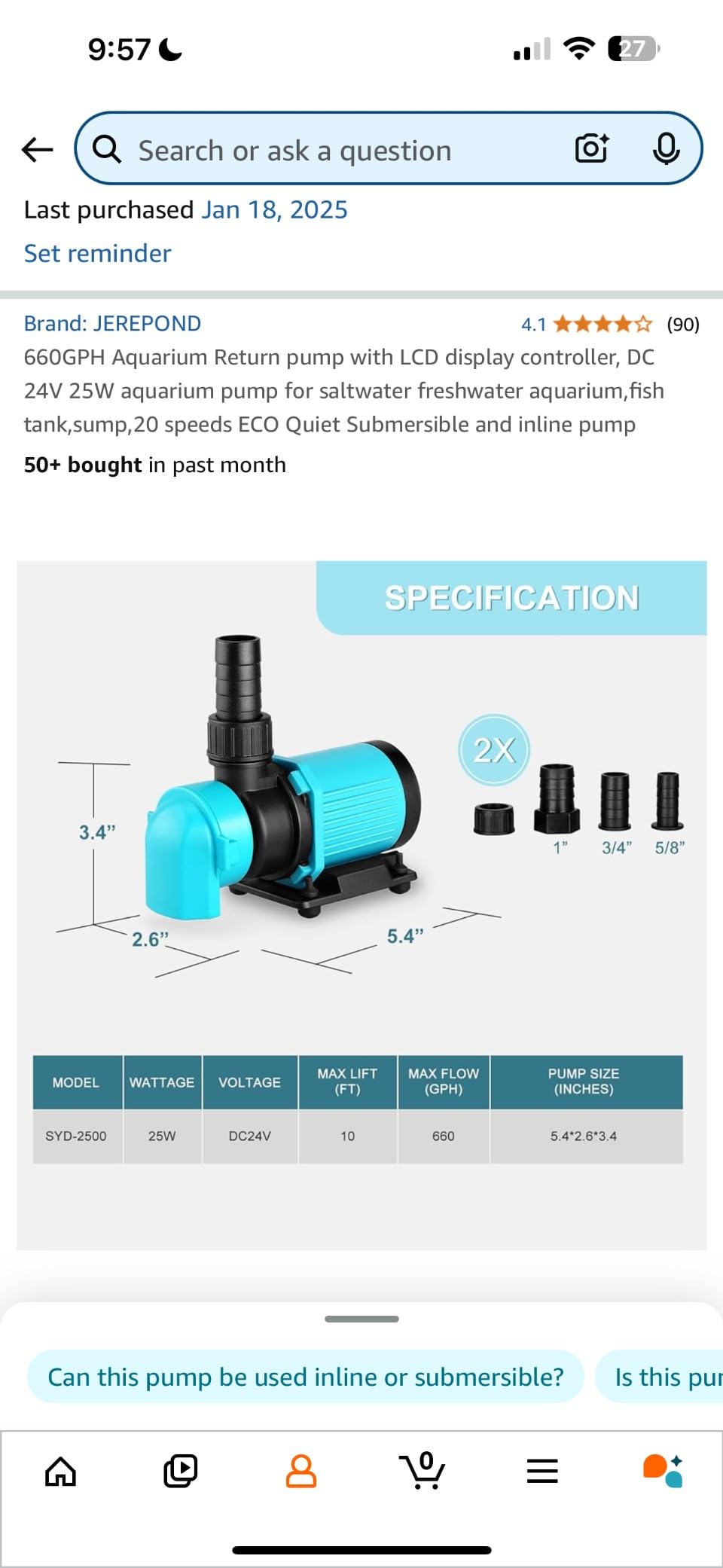 660GPH Aquarium Return pump with LCD display controller, DC 24V 25W aquarium pump for saltwater freshwater aquarium,fish tank,sump,20 speeds ECO Quiet Submersible and inline pump customer photo 1