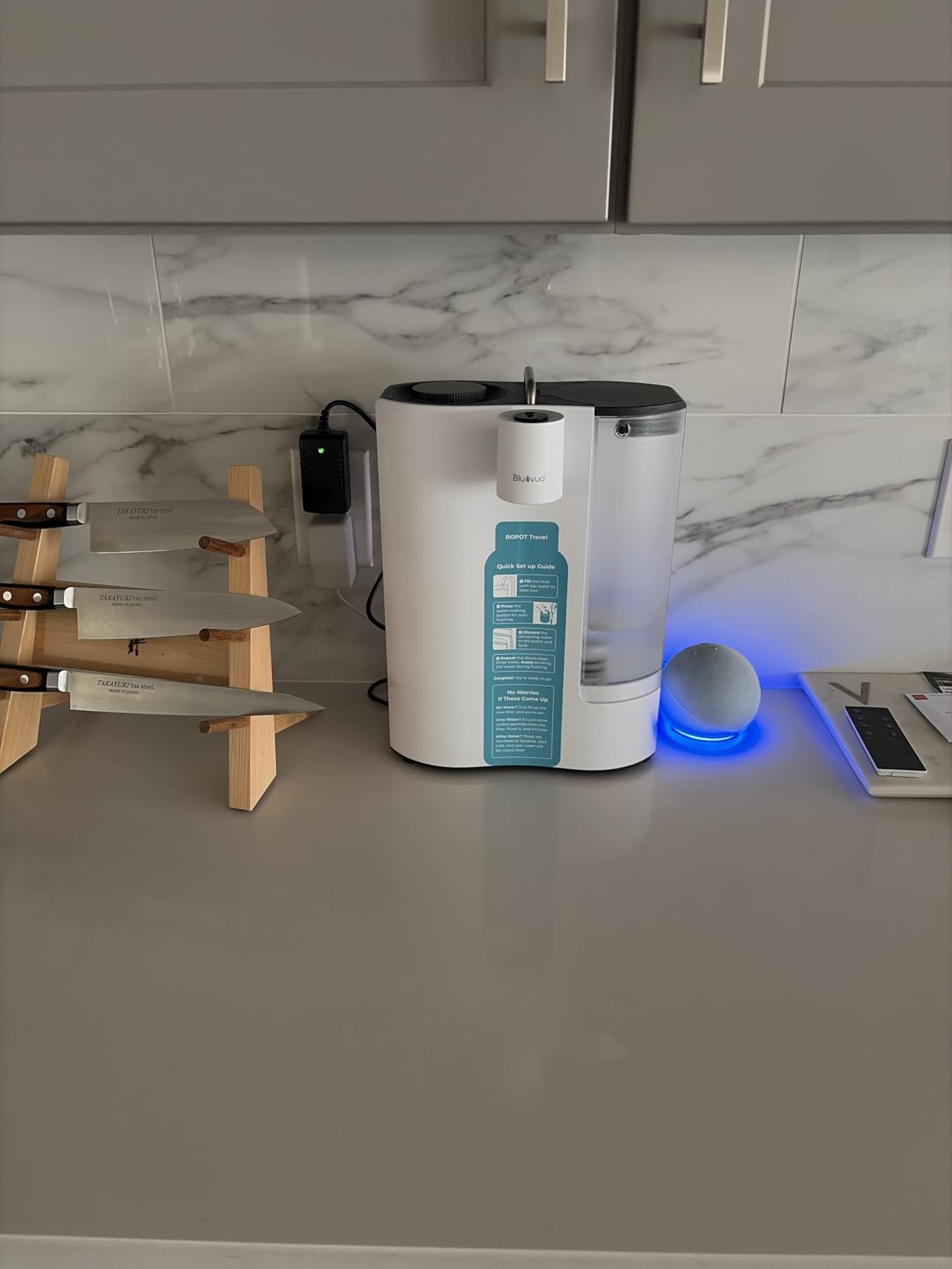 Bluevua RO100ROPOT-Travel Reverse Osmosis System Countertop Water Filter, Compact 6-Stage Filtration with UV, Includes Glass Bottle, Portable Water Purifier for Home & Travel, Blue customer photo 1