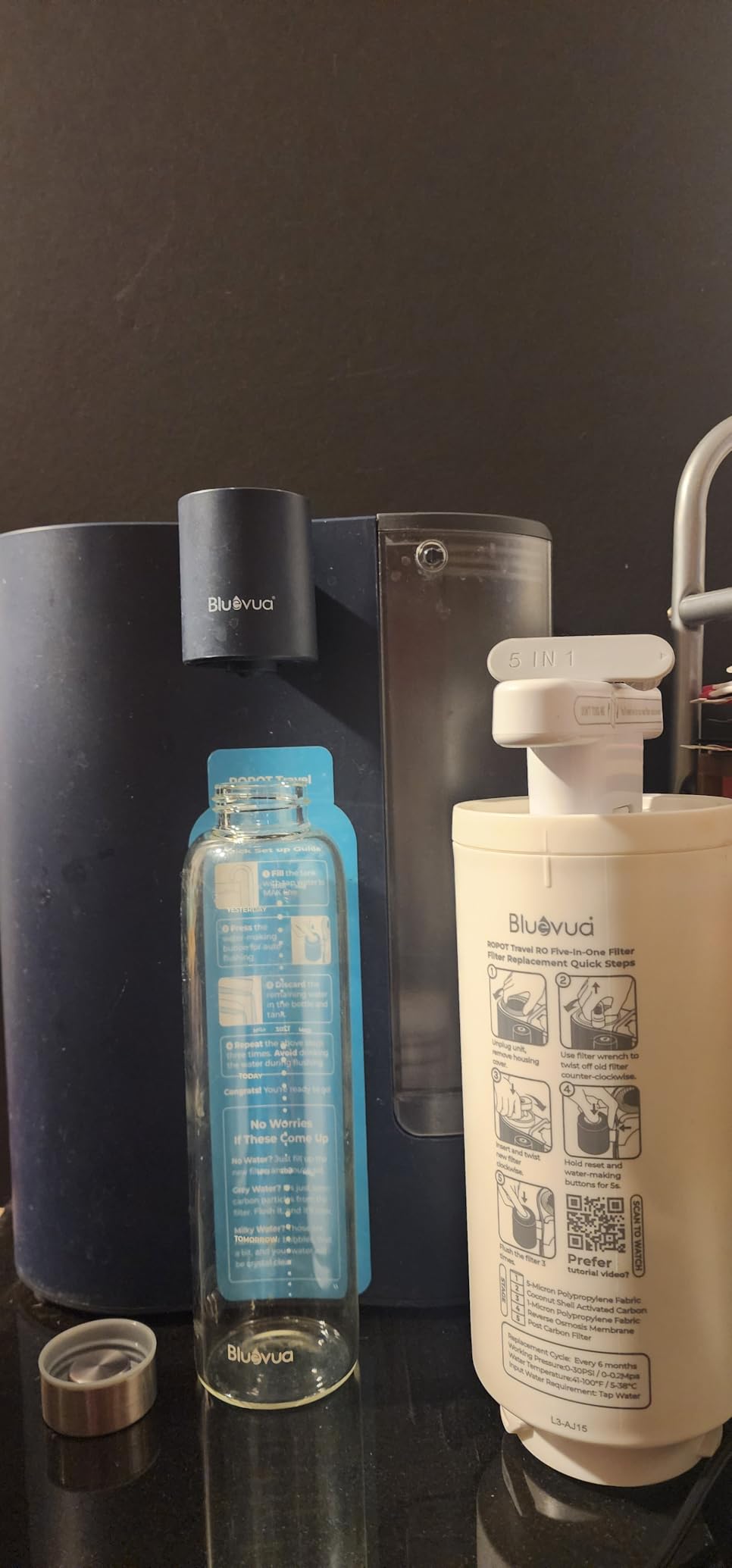Bluevua RO100ROPOT-Travel Reverse Osmosis System Countertop Water Filter, Compact 6-Stage Filtration with UV, Includes Glass Bottle, Portable Water Purifier for Home & Travel, Blue customer photo 2