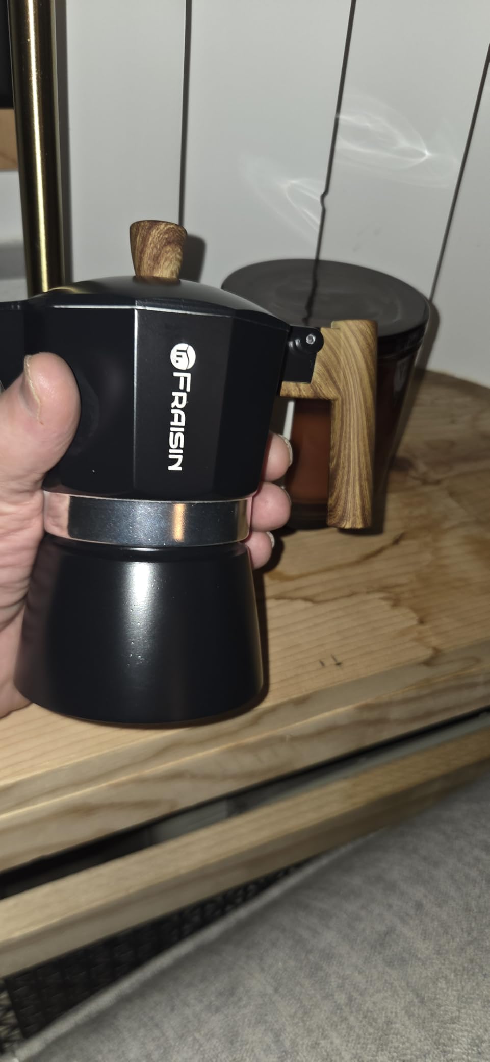 Stovetop Espresso Moka Pot Coffee Maker, Non-slip Wood Grain Handle, Cast Aluminum, Compatible with Gas, and Electric Stoves (Black, 6 cups) customer photo 1