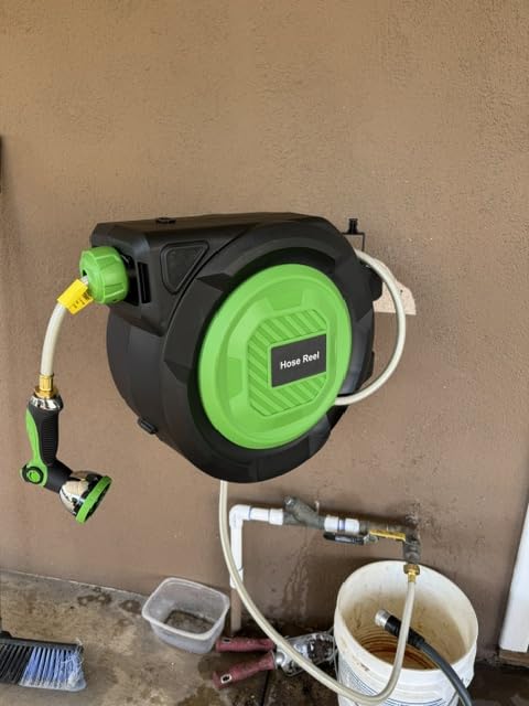 Retractable Garden Hose Reel, 1/2 in x 100 ft Automatic Slow Rewind System & Any Length Lock, Heavy Duty Wall-Mounted Hose Reel with 180° Swivel Bracket,10-Pattern Nozzle customer photo 1