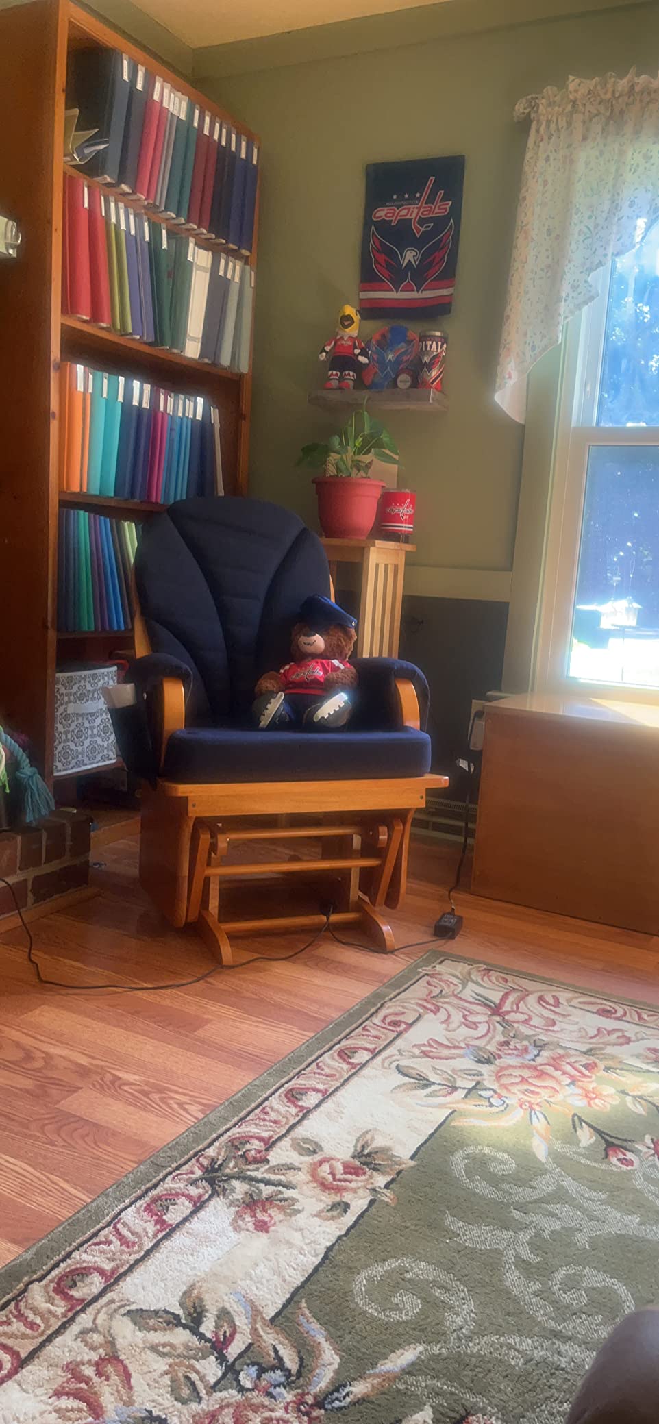 Foundations Lullaby Wood Base Glider Rocker Chair, Navy Polyester | Baby Feeding and Rocking Chair for Nursery, Daycare Environment, Nursery Rocking Chairs with Padded Foam Arm Rests customer photo 2