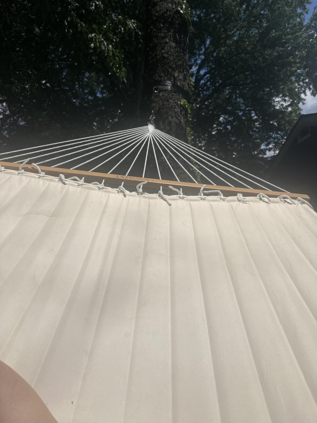 Lazy Daze Hammocks 12 FT Double Quilted Fabric Hammock with Spreader Bar and Detachable Pillow, 2 Person Hammock for Outdoor Patio Backyard Poolside, 450lbs Weight Capacity, Natural customer photo 1