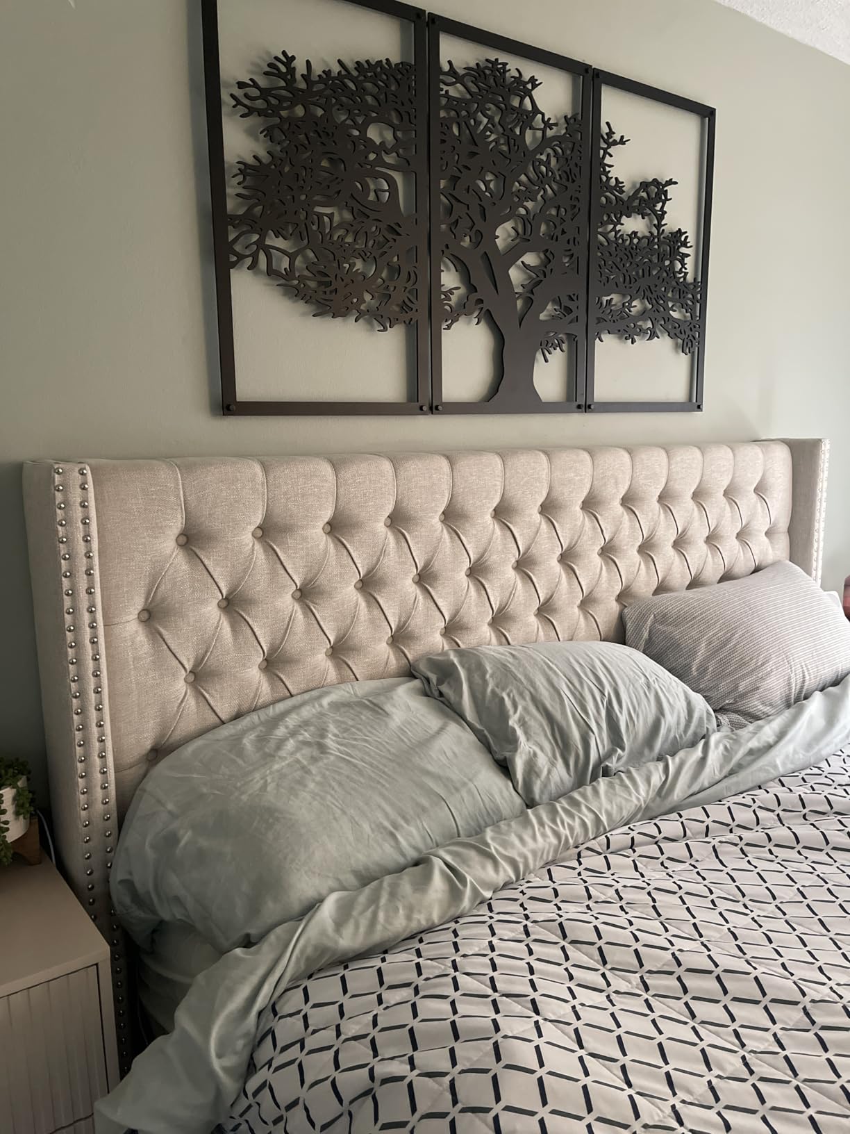 Madison Park Amelia Upholstered Headboard | Nail Head Trim Wingback Button Tufted | Queen, Cream customer photo 1
