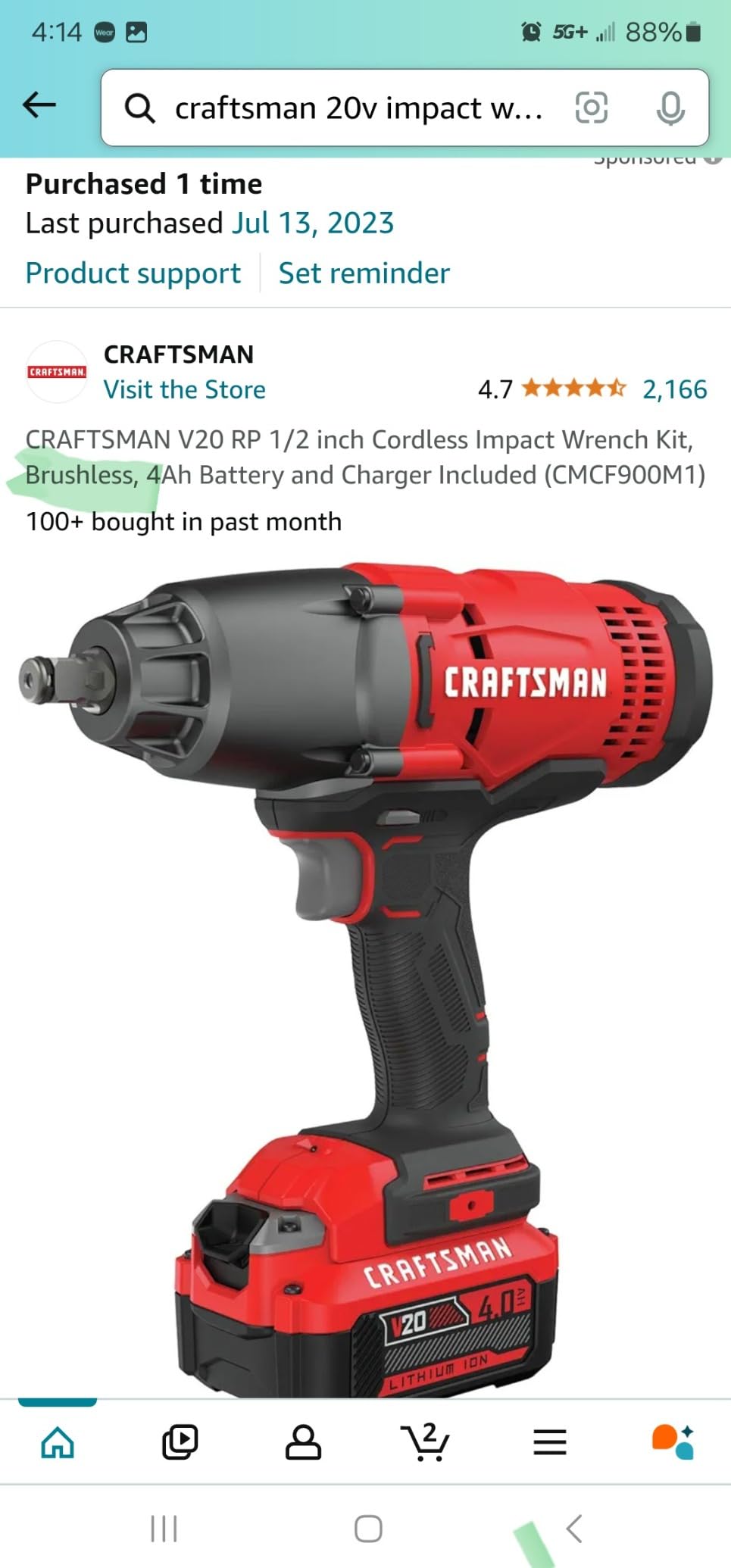 CRAFTSMAN V20 RP 1/2 inch Cordless Impact Wrench Kit, Brushless, 4Ah Battery and Charger Included (CMCF900M1) customer photo 1