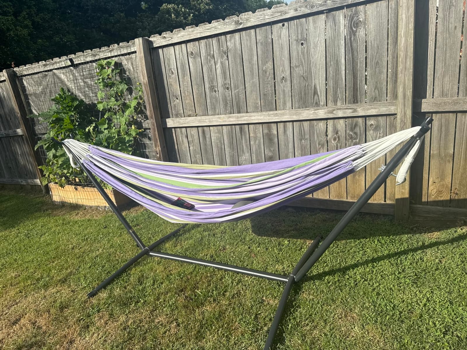 Vivere Double Cotton Hammock with Space Saving Steel Stand, Upgraded Polyester End Strings 450 lb Capacity - Premium Carry Bag Included - USA Grown Cotton (Blue Lagoon) customer photo 1