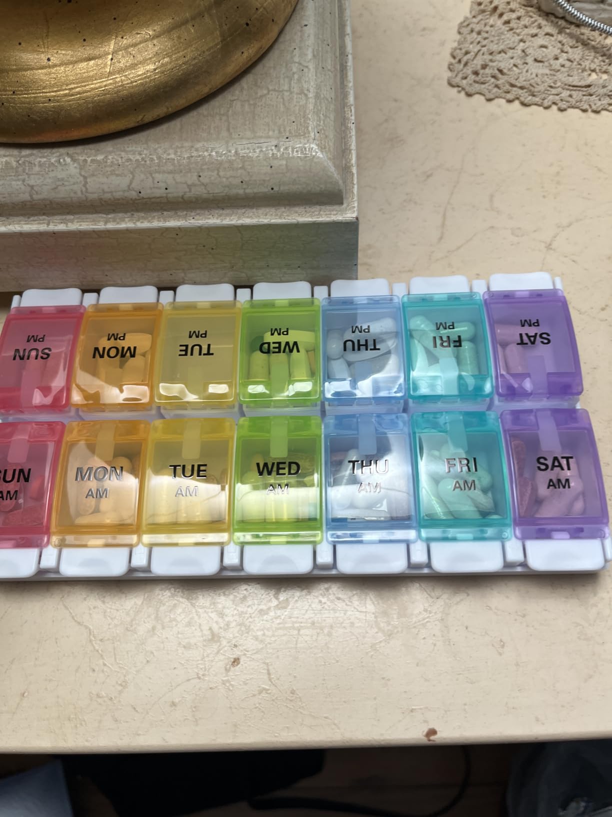 Sukuos AM PM Weekly Pill Organizer 2 Times A Day, Large Daily Pill Box Case 7 Day with Easy Push Button Design, Detachable Medicine Holder for Vitamin/Fish Oil/Supplements (Rainbow) customer photo 1