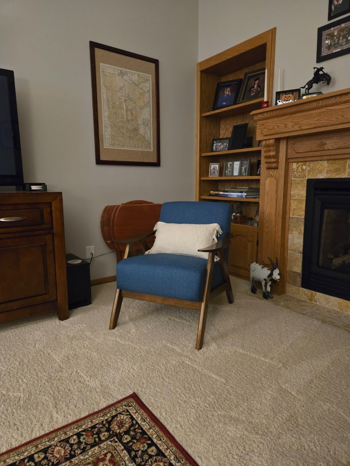 Lexicon Mid Century Modern Accent Chair with Solid Wood Frame in Walnut Finish, Upholstered Living Room Lounge Arm Chair, Thick and Comfy Innerspring Seat Cushion, Linen-Look Fabric, Blue customer photo 1