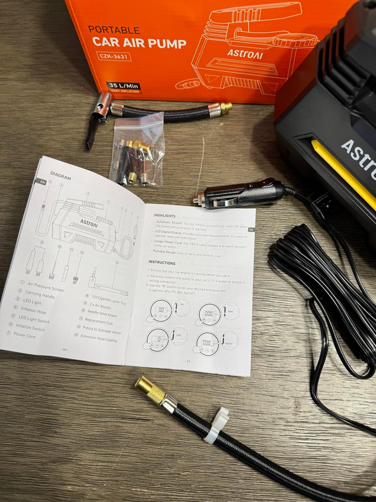 AstroAI AIRUN H Tire Inflator Portable Air Compressor, 12V DC Tire Inflator, Auto Shut-Off with Digital Pressure Gauge & LED Light, Fast Inflation for Car, Motorcycle, Bike Tires, 9.8Ft Cord, Yellow customer photo 2