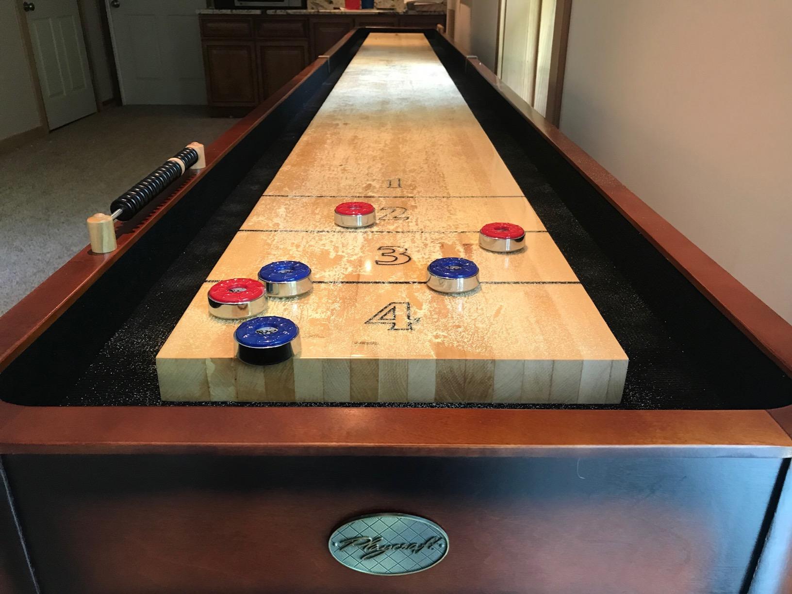 Playcraft Georgetown Shuffleboard Table with Storage Cabinet - Shuffle Board Game Table with Matching Abacus, 8 Pucks, Brush & Wax - Pro Climate Adjusters - Hand-Stained Burnished Finish customer photo 1