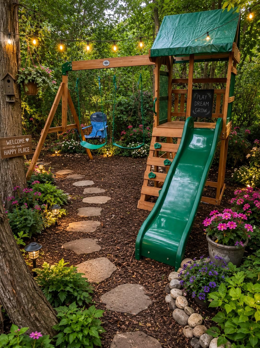 Backyard Discovery Buckley Hill Cedar Wood Swing Set with Wave Slide, Play Deck, Rock Wall Ladder, Belt Swings, Chalkboard, Canopy Roof, Outdoor Playset customer photo 2