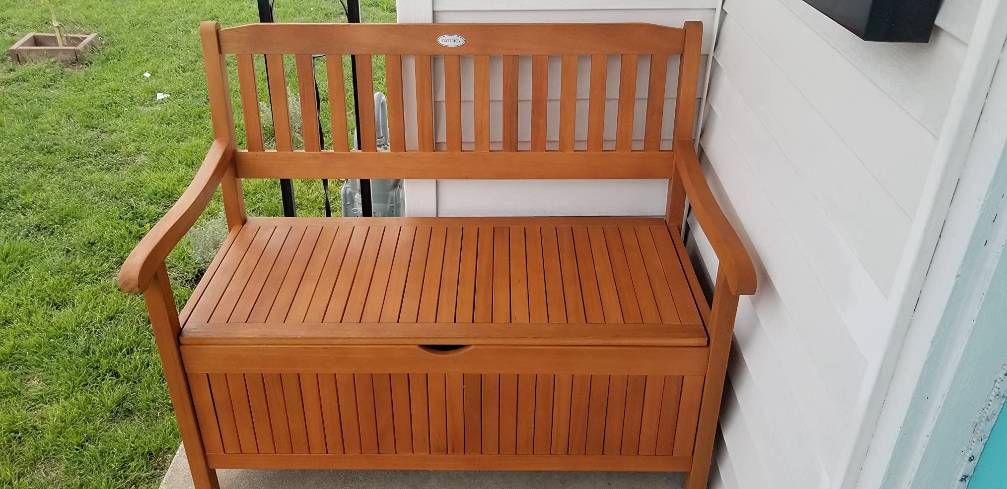 Tangkula Outdoor Wood Storage Bench Deck Box, Entryway Porch Storage Bench with Inner Removable Dust-Proof Lining & Portable Handles, Eucalyptus Wood Loveseat for Garden, Lawn, Balcony & Yard customer photo 1