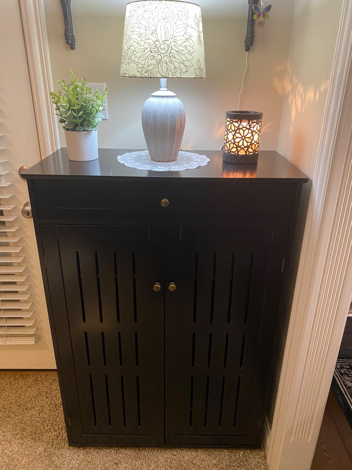 Yaheetech Shoe Cabinet for Entryway, 4-Tier Closed Rack with Drawer, Black | Shoe storage behind doors, two shelves adjust for taller pairs, painted MDF build fits a hallway, plus a top drawer for keys. customer photo 1