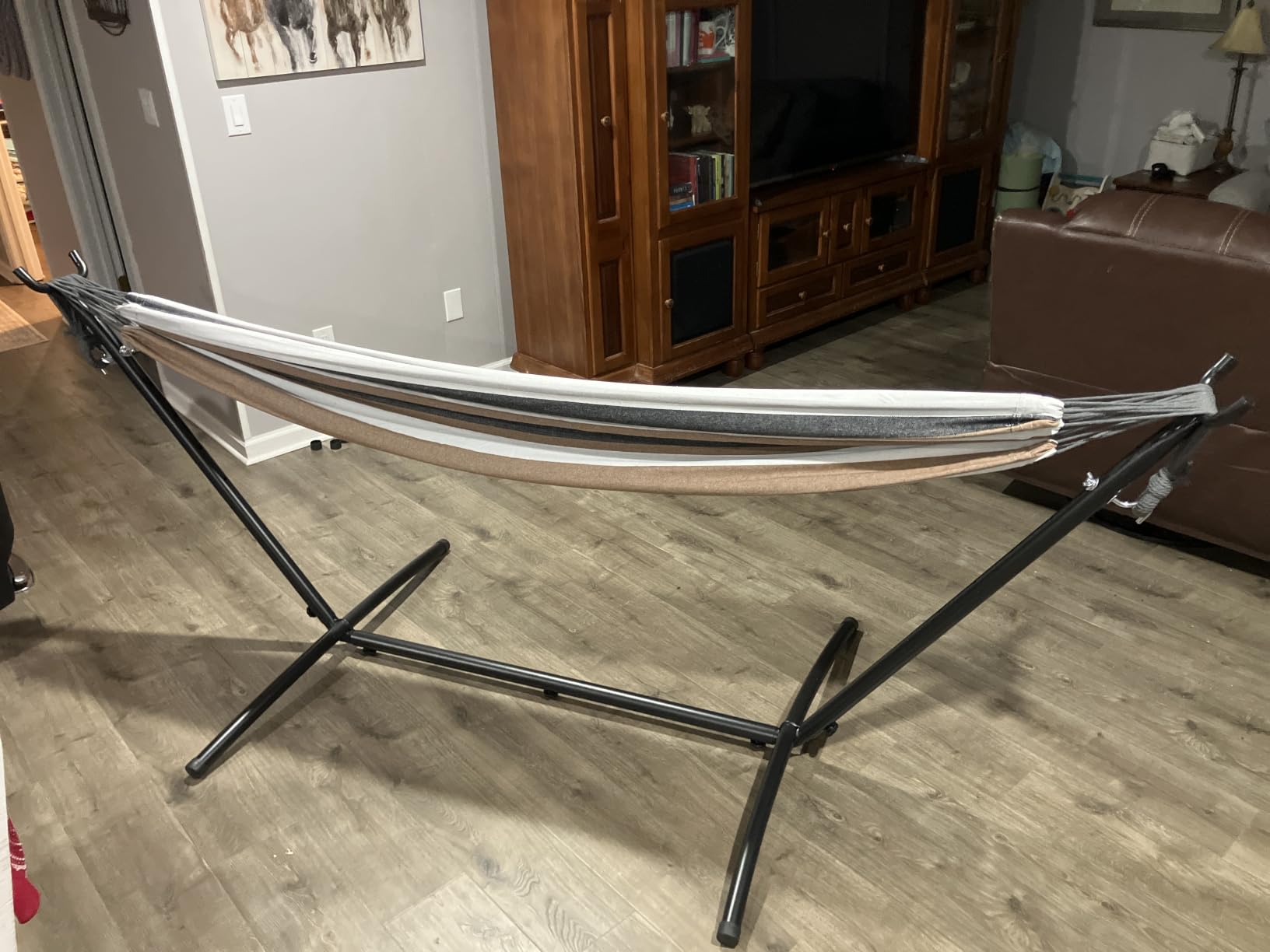 PNAEUT Double Hammocks with Stand for Outside, Portable Space Saving Heavy-Duty Steel Frame for Indoor Outdoor Patio Yard, Easy Assembly, 2 Person 450 lbs Capacity (Coffee) customer photo 1