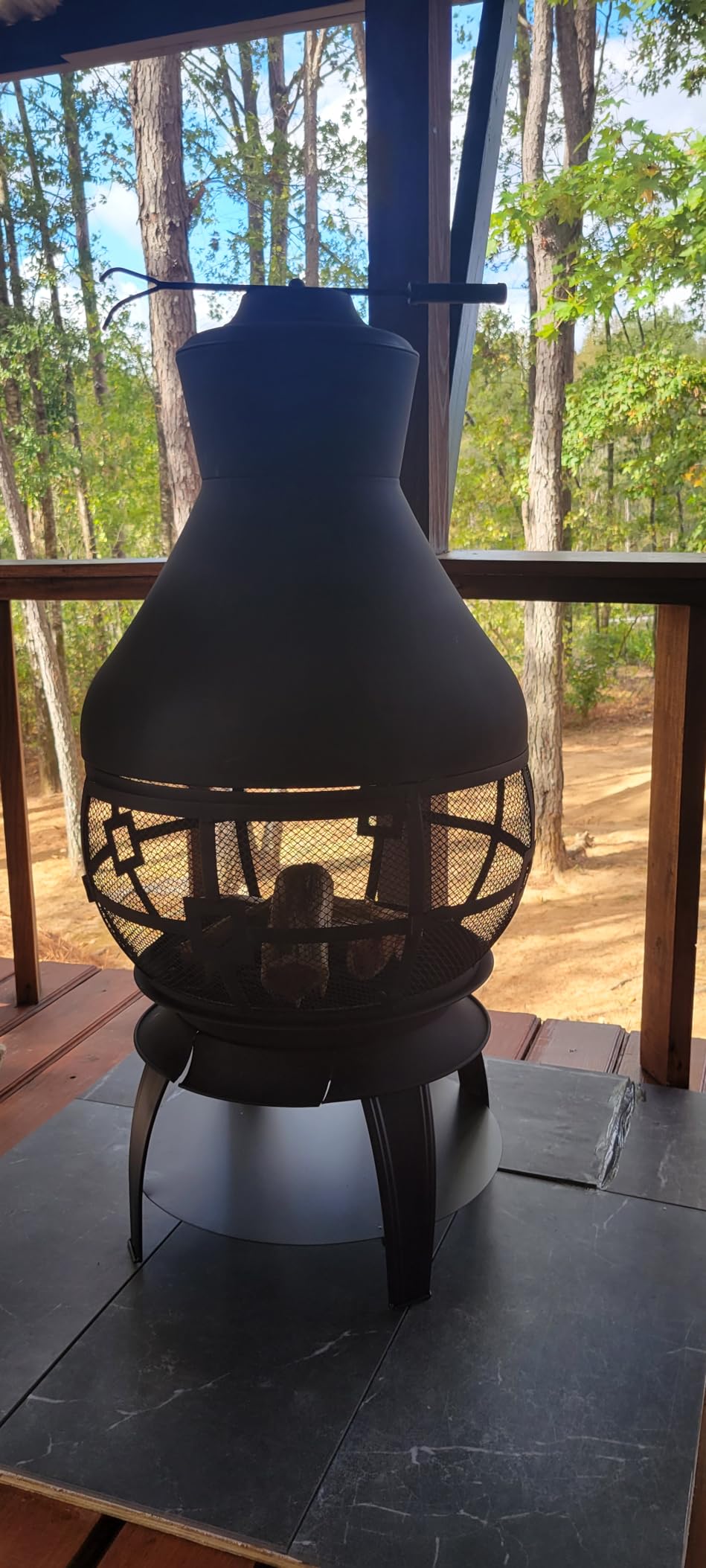 Giantex Wood Burning Chiminea, Heavy Duty Fireplace Chiminea for Patio | Wood Fire Pit w/ 2-piece Log Grate, Premium Rain Cap & Fire Poker, 360°Fire Retardant Mesh Cover, Ideal for Garden, Backyard customer photo 2