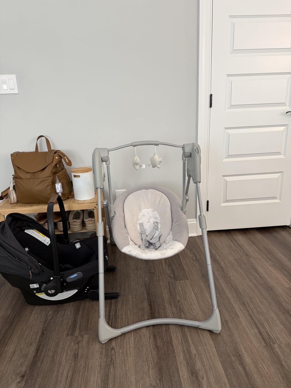 Graco Slim Spaces Compact Baby Swing, Space Saving Portable Bay Swing with Height Adjustable Legs & Soft Toys, Reign customer photo 2