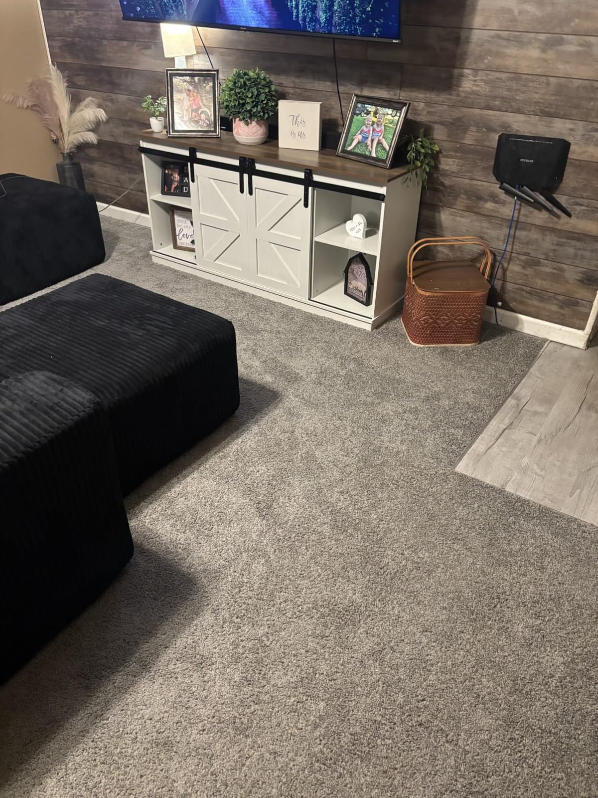 JUMMICO TV Stand for 65 Inch TV, Sliding Barn Doors, Bright White | Farmhouse Entertainment Center, Storage Cabinets, Adjustable Shelves, Media Console for Living Room, Bedroom customer photo 2