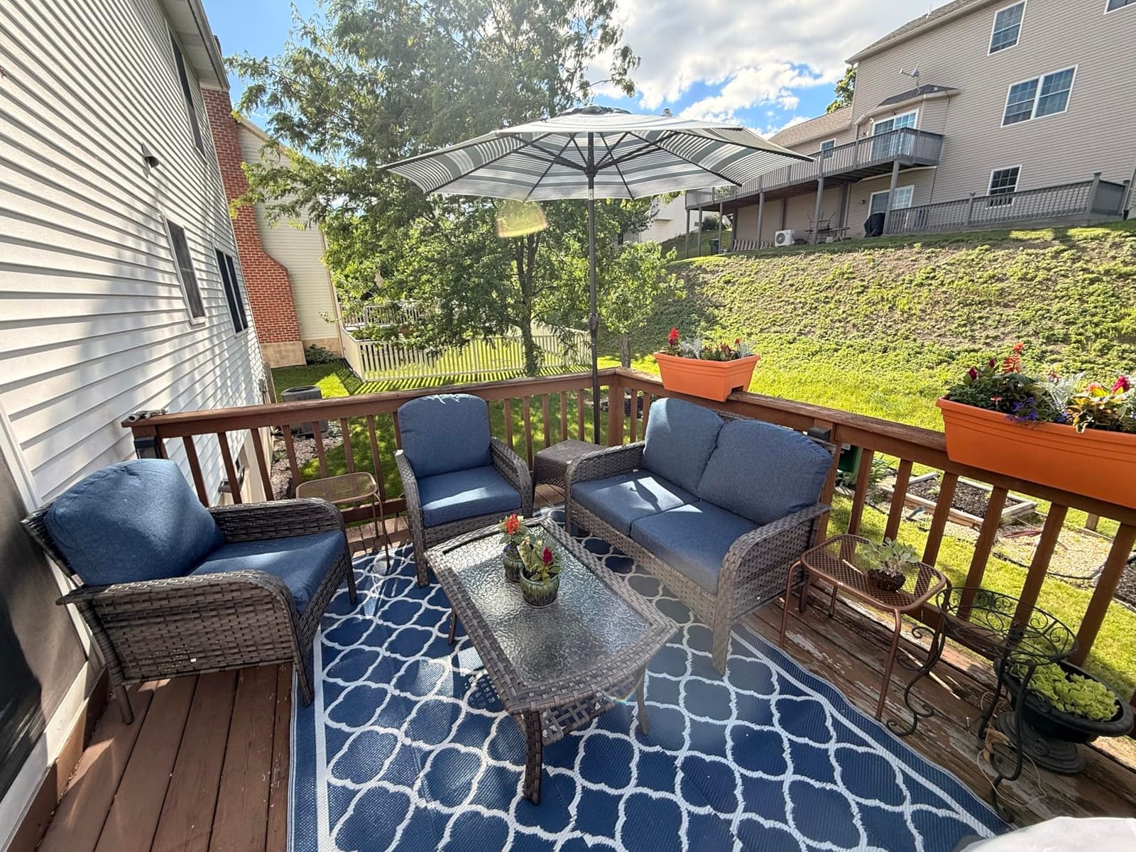 ovios 4-Piece Patio Furniture Set, Outdoor Wicker Sofa with Chairs Coffee Table, High Back Rattan Couch Loveseat with Comfy Cushions for Porch Yard Deck, Denim Blue customer photo 2