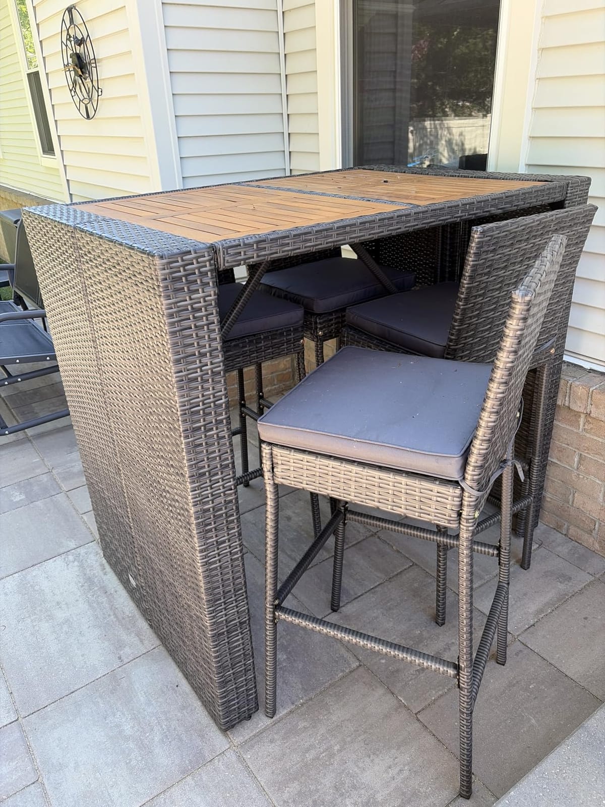 Tangkula 5 Piece Patio Wicker Bar Set, Patiojoy Outdoor Acacia Wood Bar Height Table & 4 Rattan Bar Stool Chairs with Backrest and Footrest, Outdoor Dining Bistro Set customer photo 1