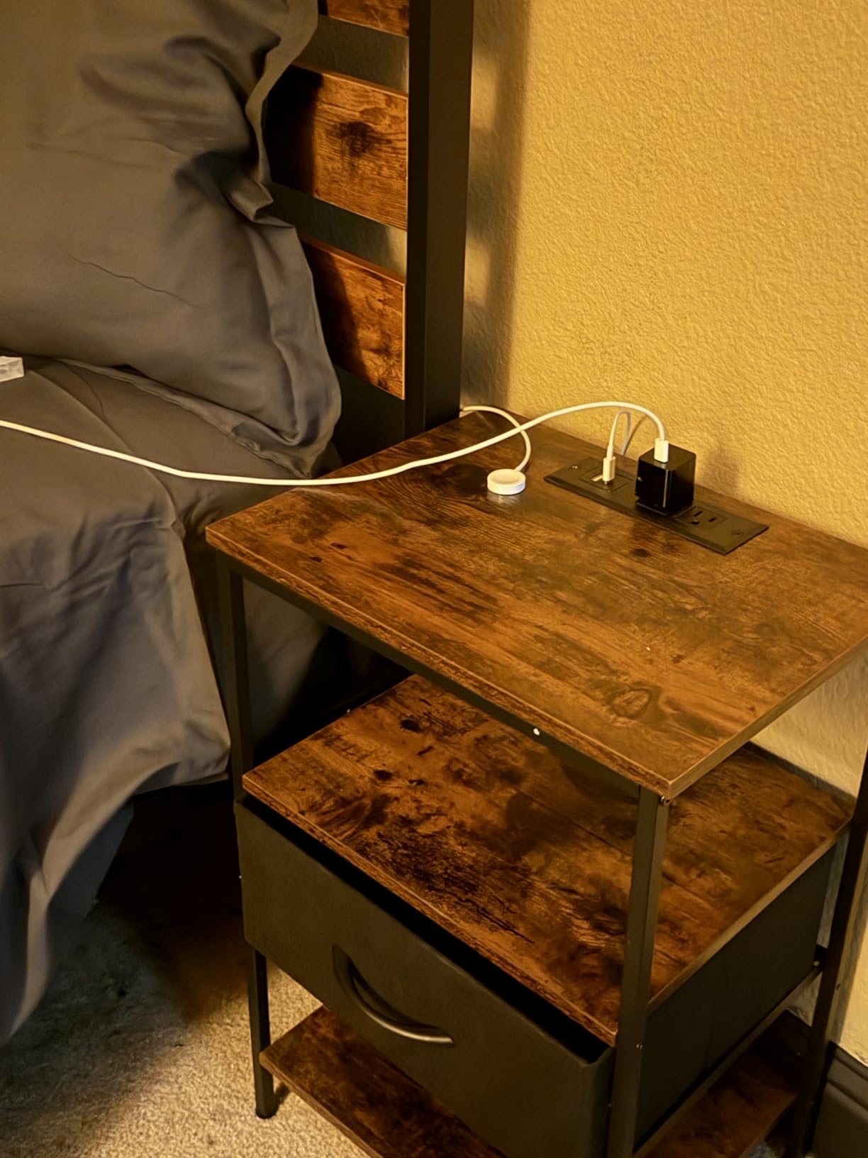 SUPERJARE Nightstand with Charging Station, Bed Side Table with Adjustable Fabric Drawer, 3-Tier Storage End Table, Rustic Brown and Black customer photo 1