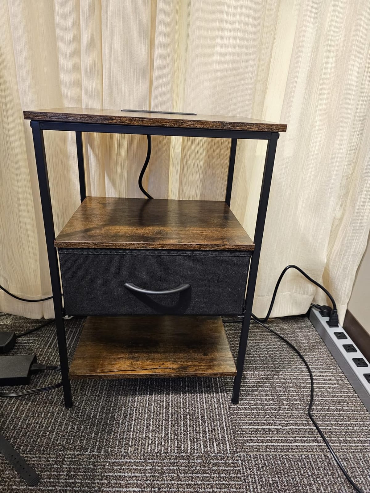 SUPERJARE Nightstand with Charging Station, Bed Side Table with Adjustable Fabric Drawer, 3-Tier Storage End Table, Rustic Brown and Black customer photo 2