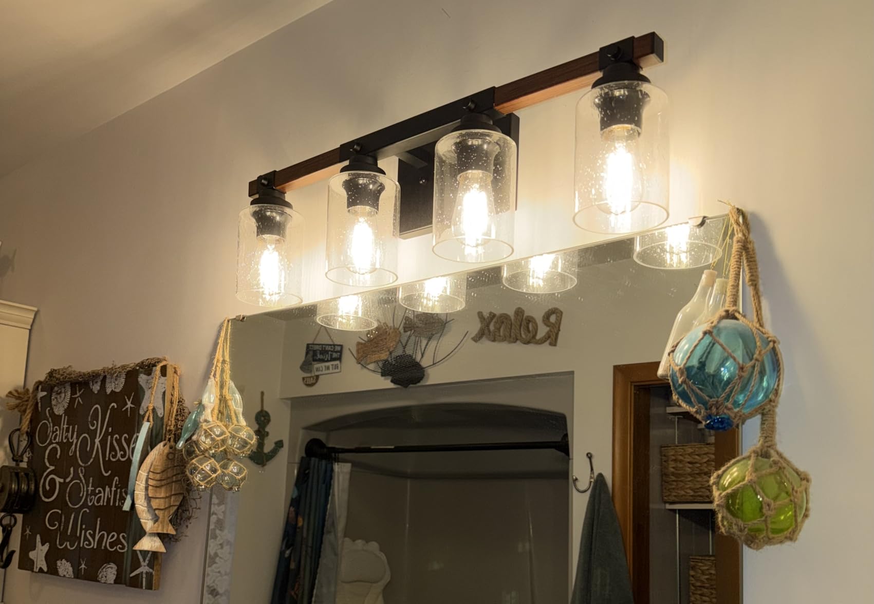 Amico Farmhouse Bathroom Vanity Light Fixtures,Rustic 4-Light Industrial Painted Wood Lights,Vintage Black Wall Sconces Bathroom Vanity Lighting with Bubble Glass Shade customer photo 1