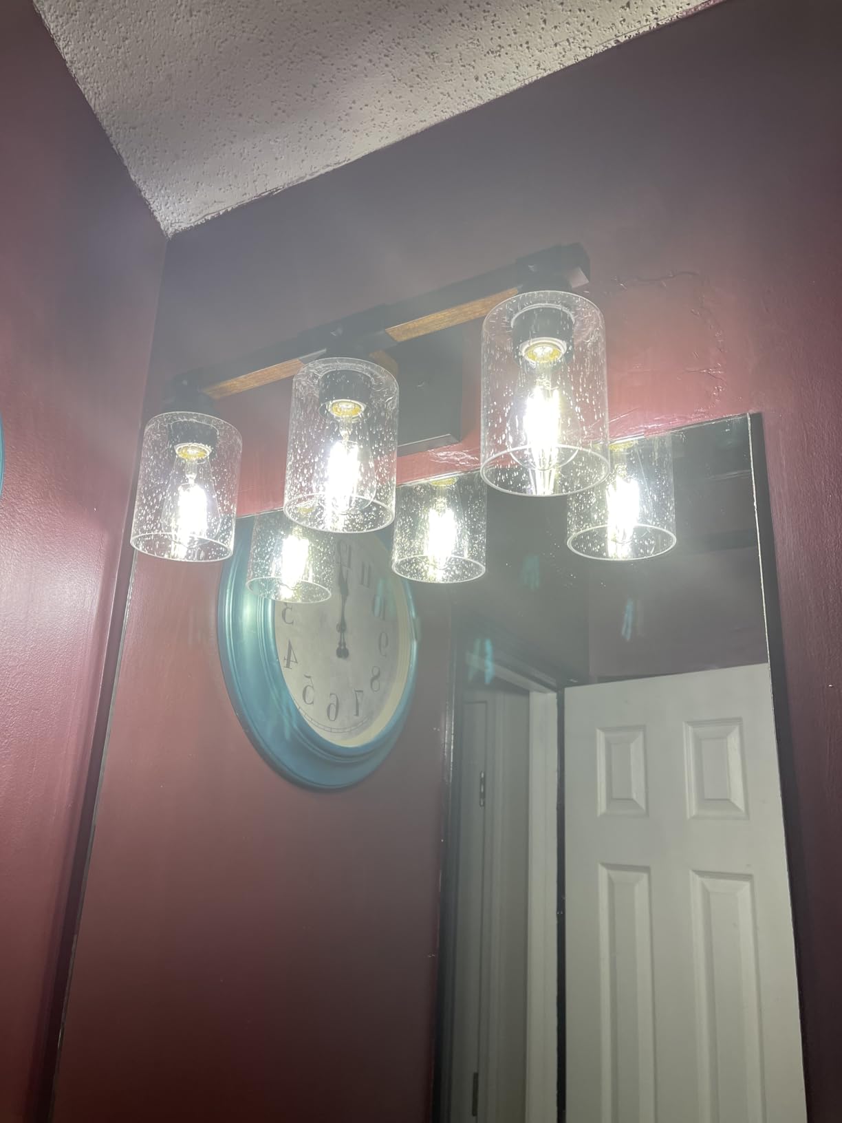 Amico Farmhouse Bathroom Vanity Light Fixtures,Rustic 4-Light Industrial Painted Wood Lights,Vintage Black Wall Sconces Bathroom Vanity Lighting with Bubble Glass Shade customer photo 2