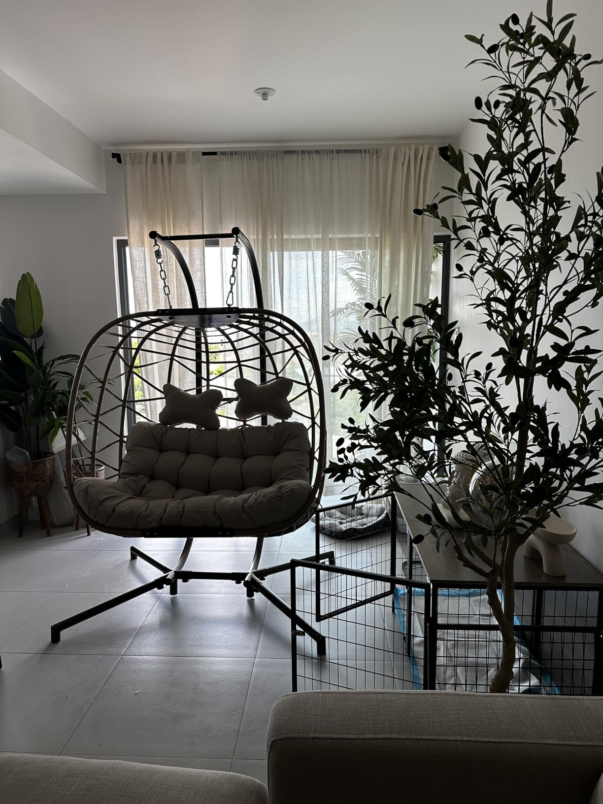 NICESOUL Double Swing Egg Chair with Stand, Extra Large 2 Person Indoor Outdoor Wicker Loveseat, Oversized Patio Hanging Basket Chair with Cushions, Cozy Sturdy Porch Swing for Backyard Balcony, Beige customer photo 1