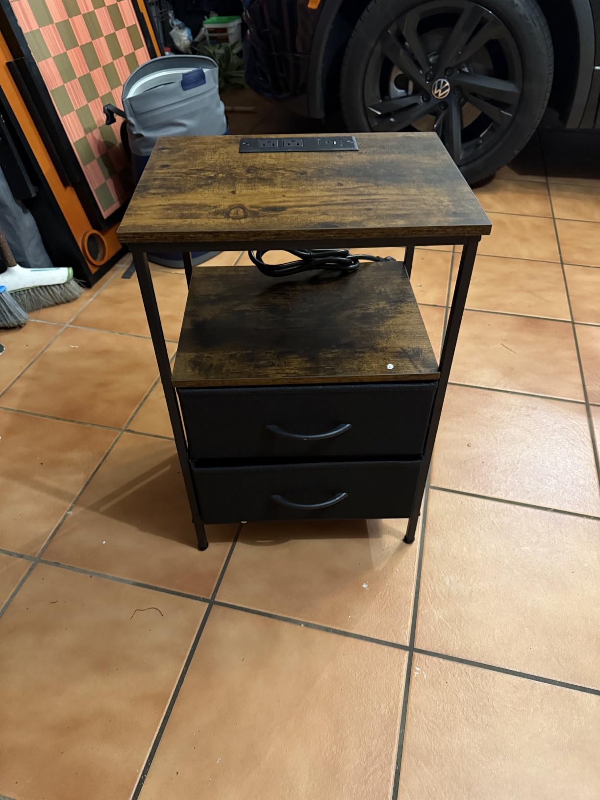 Huuger Nightstand with Charging Station, Side Table with Fabric Drawers, End Table with Open Shelf, USB Ports and Outlets, Rustic Brown and Black customer photo 1