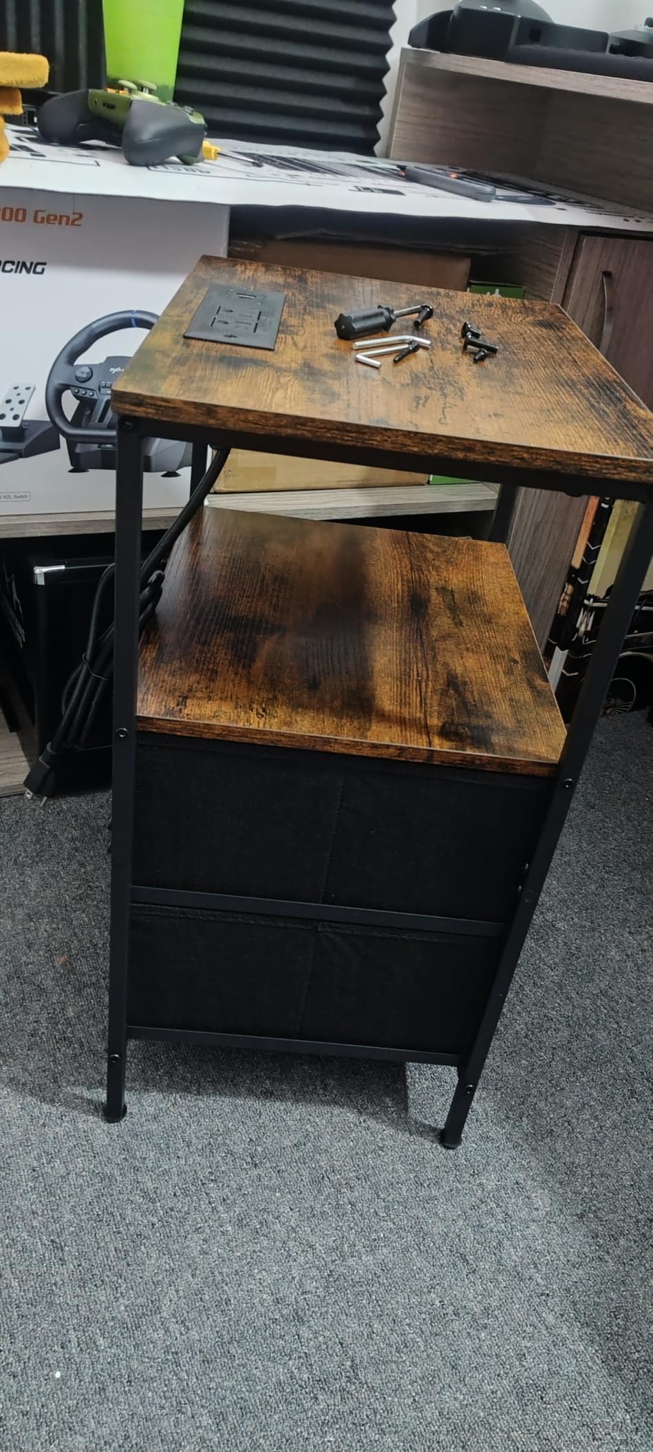 Huuger Nightstand with Charging Station, Side Table with Fabric Drawers, End Table with Open Shelf, USB Ports and Outlets, Rustic Brown and Black customer photo 2