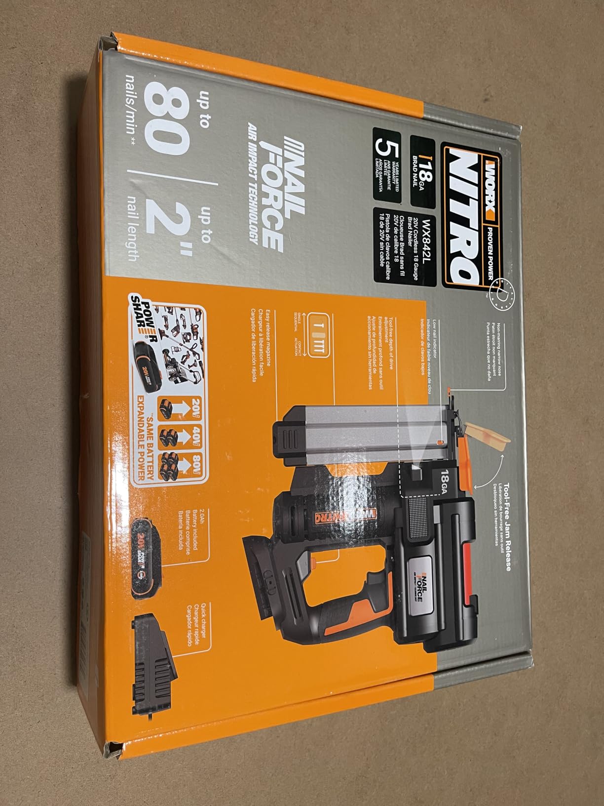 WORX Cordless Brad Nailer, 20V 18GA Nail Gun, WX842L | Up to 2-in Nails and Tool-Free Jam Release for Trimming, Molding and Baseboards, Battery and Charger Included, PowerShare customer photo 1