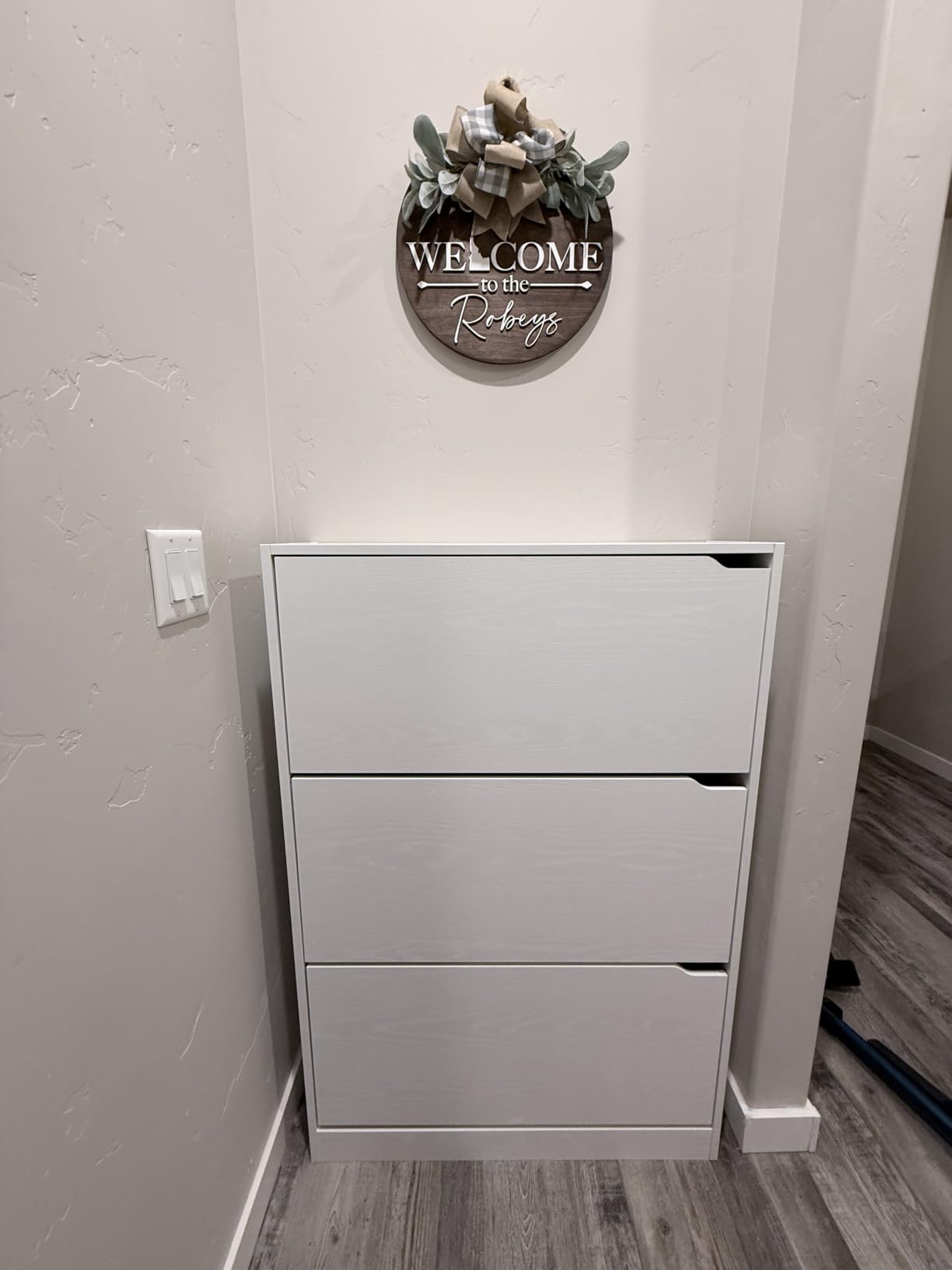 BORNOON Shoe Cabinet with 3 Flip Drawers, Hidden Wood Shoe Cabinet, Freestanding Shoe Storage Cabinet for Entryway Hallway, White customer photo 2