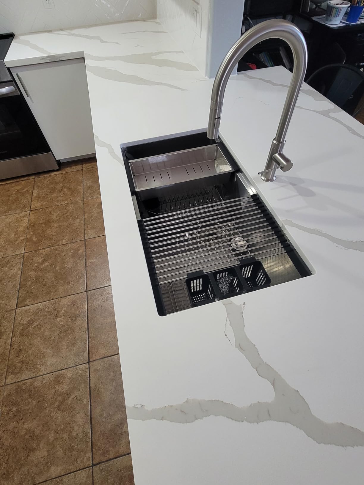 SANYCASA 30 Inch Undermount Kitchen Sink Superior Drain Kitchen Sinks 11 Gauge (3mm) Stainless Steel, Single Bowl Integrated Ledge Multifunctional Workstation Set customer photo 1