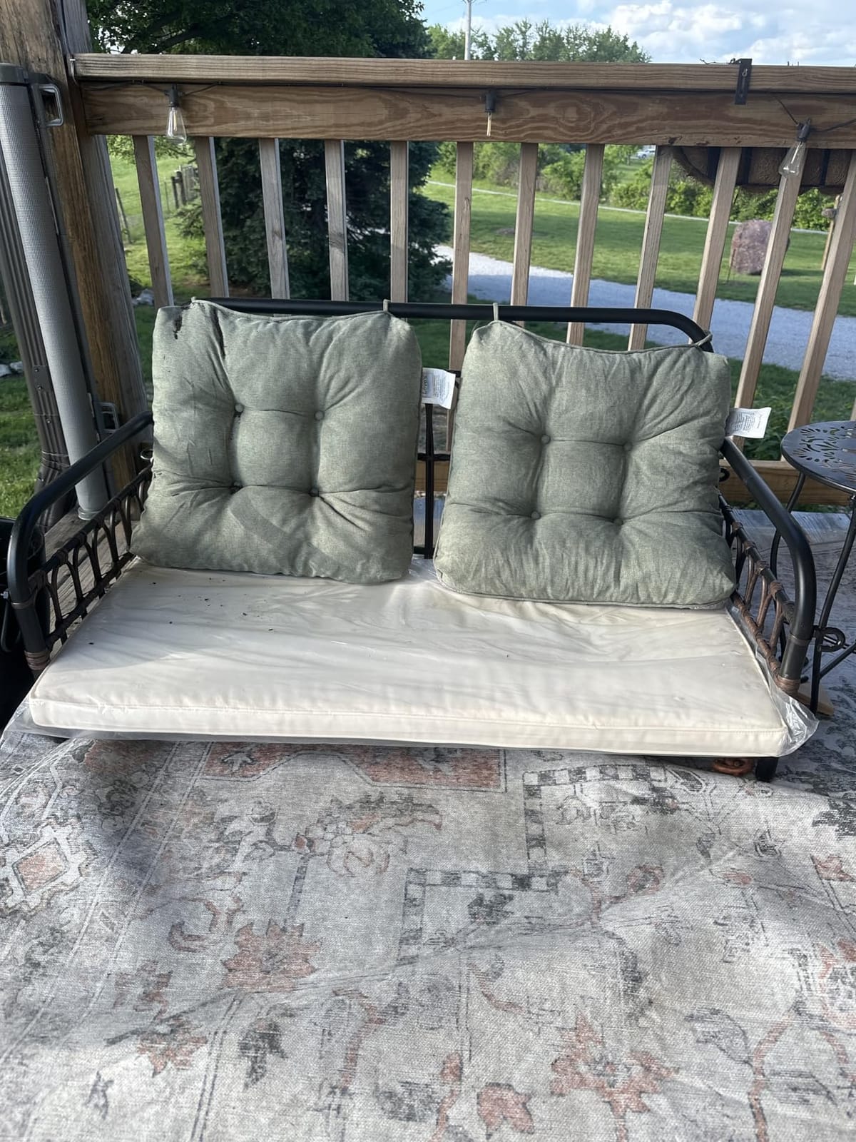 Tangkula Outdoor Wicker Porch Swing, 2-Person Hanging Seat with Seat & Back Cushions, Heavy-Duty Metal Frame & 2 Sturdy Hanging Ropes, Wicker Woven Swing Loveseat for Front Porch, Backyard (Off White) customer photo 2