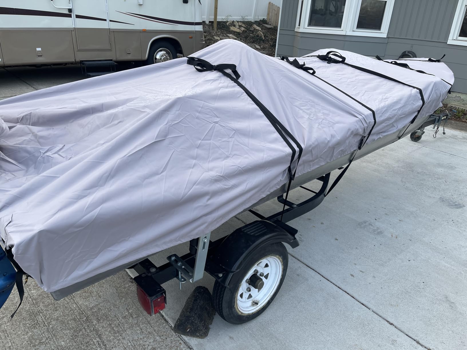 Solim 14FT Jon Boat Cover with Motor Cover, 1200D PU Waterproof Heavy Duty Mooring Cover, Trailerable Marine Grade Polyester Canvas Replacement for Jon Boat 14' Long Beam Width Up to 70 in, Gray customer photo 1