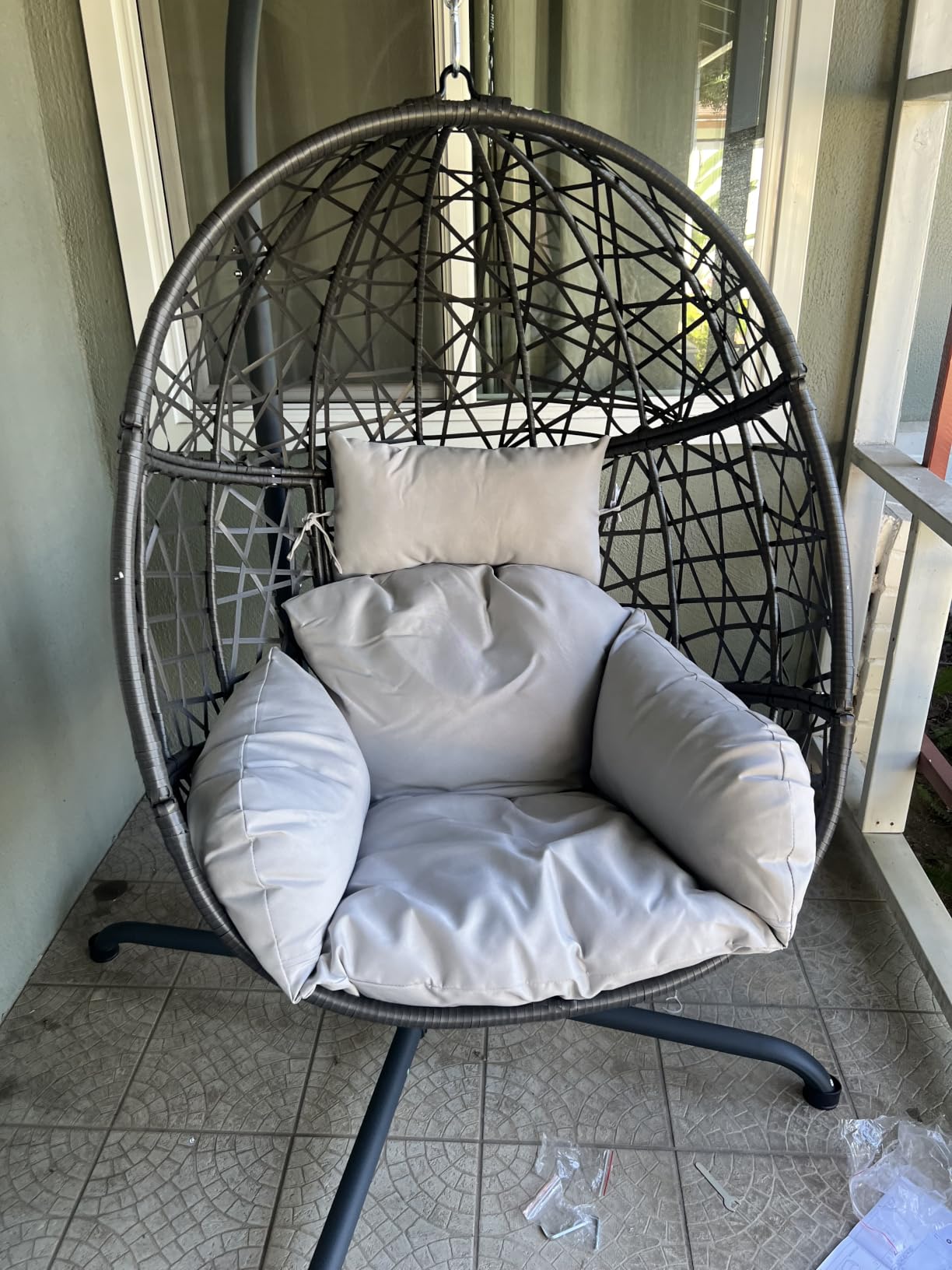 Oversized Patio Swing Egg Chair, Rattan Outdoor Indoor Hanging Egg Chair with Stand, Cozy Bird Cage Swinging Basket Chairs, 350 lbs Egg-Shape Padded Seat for Balcony Outside, Beige customer photo 1
