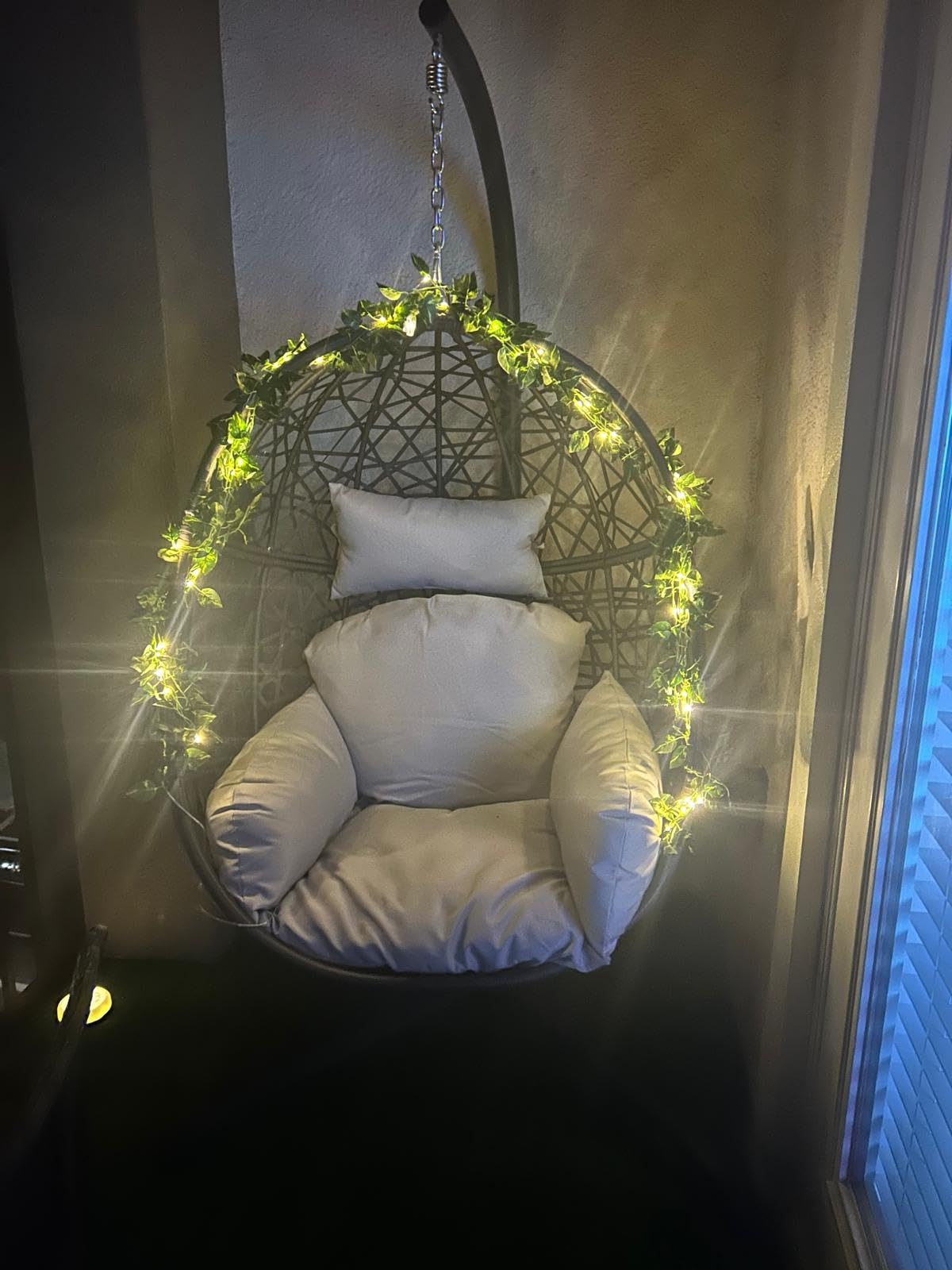 Oversized Patio Swing Egg Chair, Rattan Outdoor Indoor Hanging Egg Chair with Stand, Cozy Bird Cage Swinging Basket Chairs, 350 lbs Egg-Shape Padded Seat for Balcony Outside, Beige customer photo 2