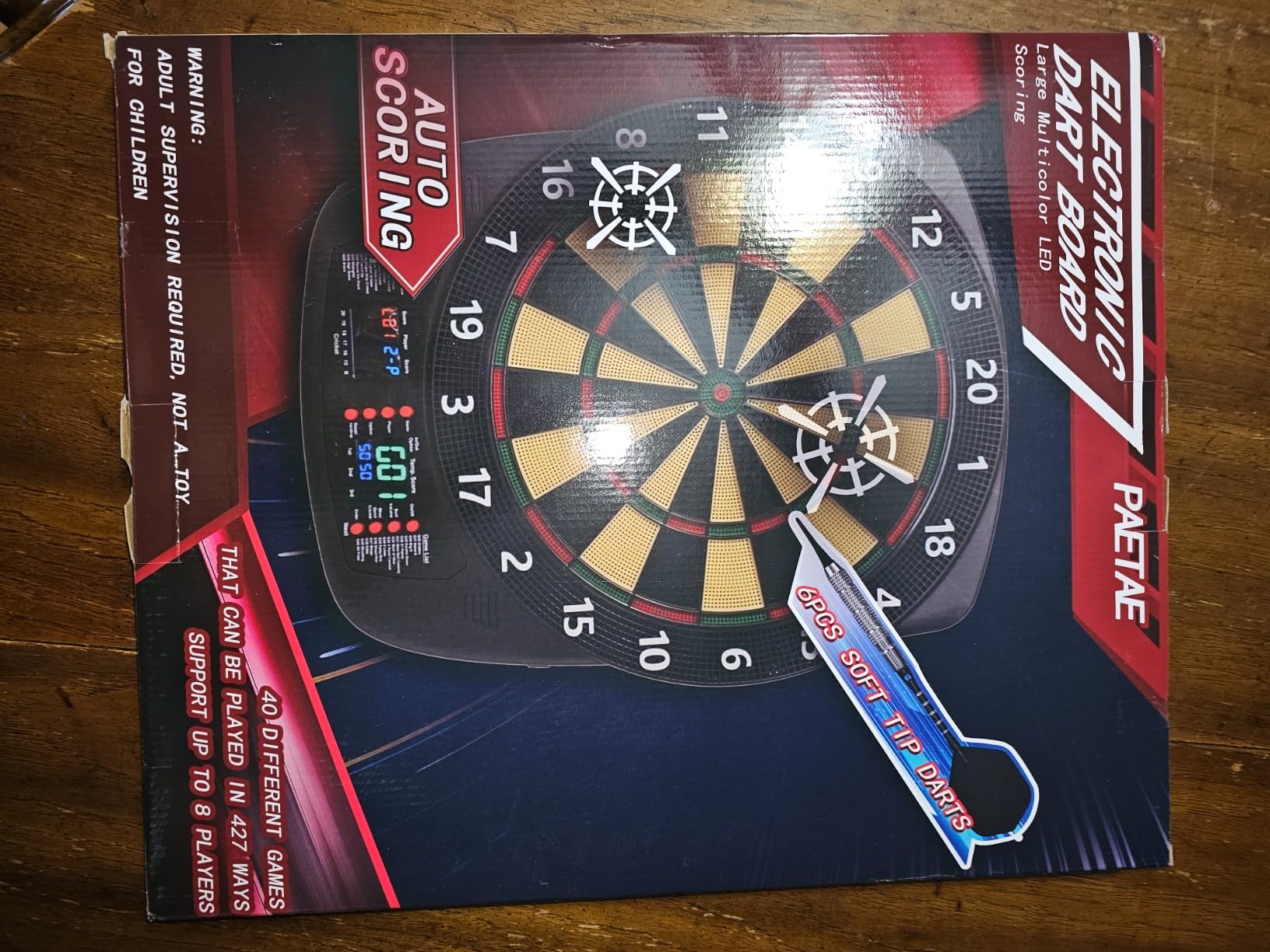 Electronic Dart Board, Low Bounce-Outs Soft Tip Dartboard with 40 Games | Automatic Scoring Electric Dart Boards, 427 Variations, Colorful LCD Display, 6 Darts, 100 Soft Tips, AC Adapter or Batteries customer photo 1
