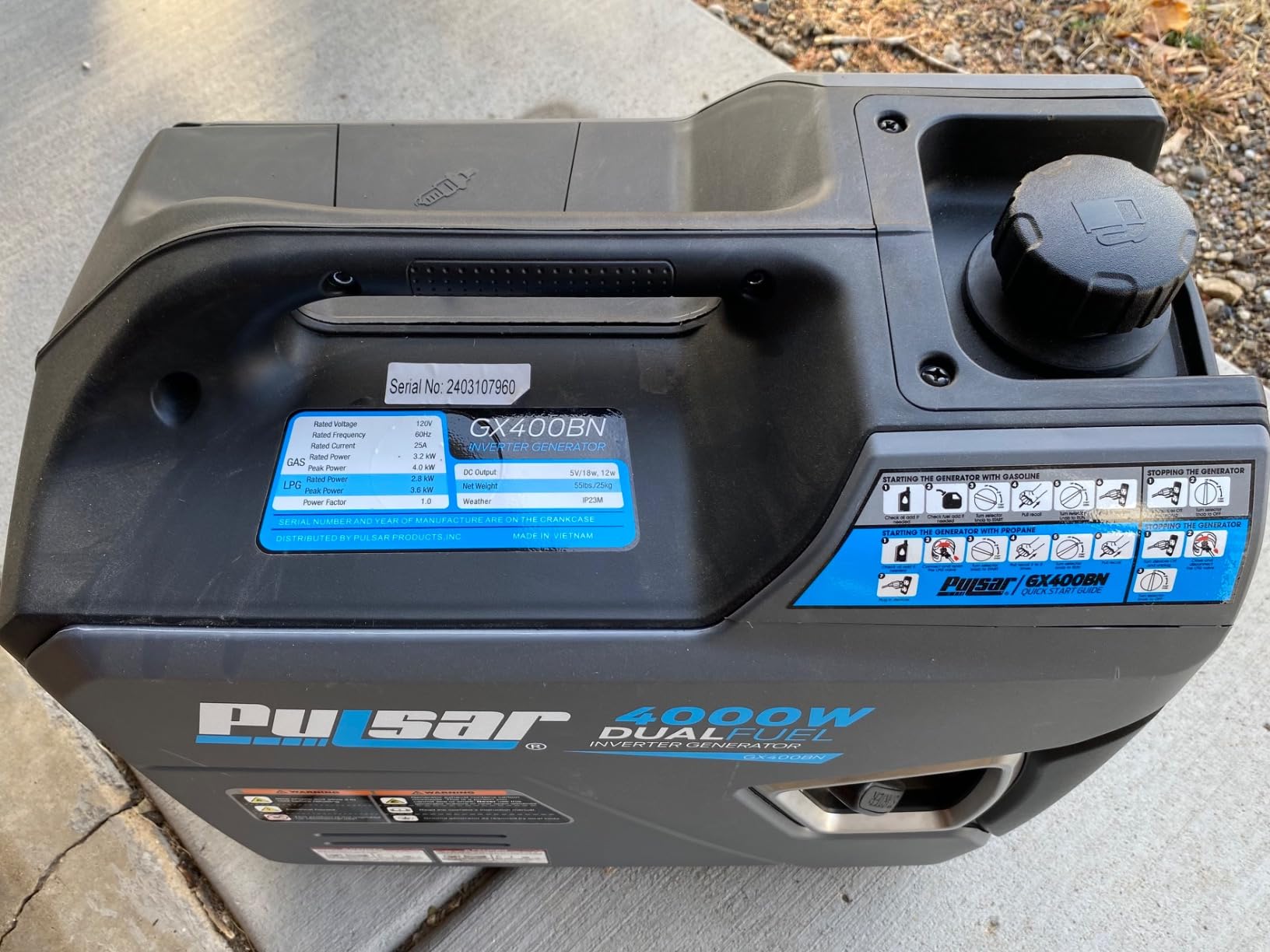 Pulsar Products GX400BN, 4000W Portable Ultra-Quiet Dual Fuel & Parallel Capability, RV-Ready, Handle & Wheels, with CO customer photo 1