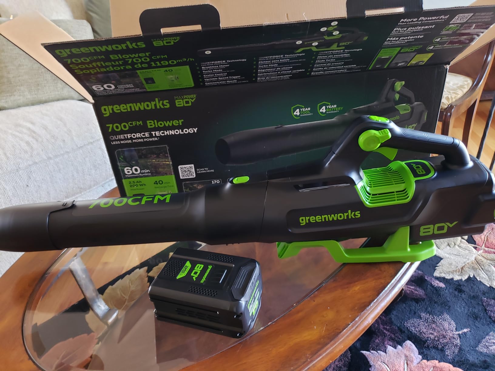 Greenworks 80V (700 CFM / 170 MPH) Brushless Cordless Leaf Blower (Turbo Button, Cruise Control, 26 CC Gas Equivalent), 2.5Ah Battery (200 Wh Max) + Rapid Charger customer photo 1