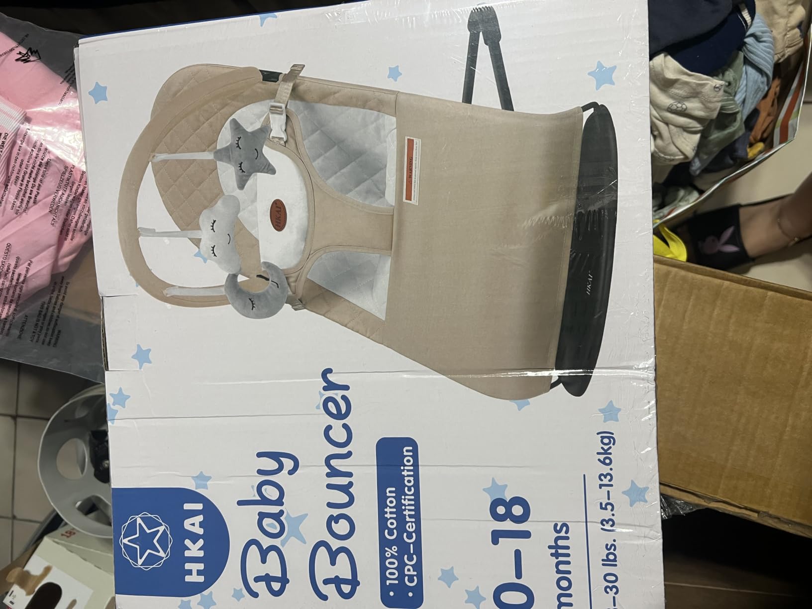 HKAI Baby Bouncer, Portable Baby Bouncer Seat for Babies 0-18 Months, 100% Cotton Fabrics, 3 Modes of use with Rocker and Stationary Options, Infant Rocker Chair with Hanging Toys-Dark Grey customer photo 2