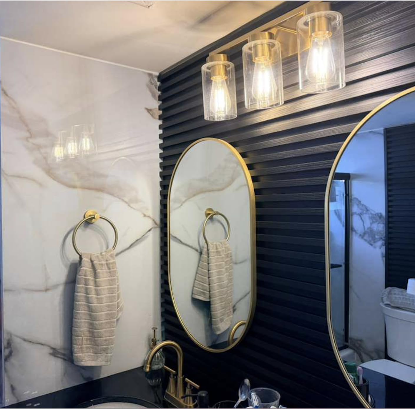 3-Light Bathroom Vanity Light, Modern Brushed Gold Wall Lights with Clear Glass Shades, Bathroom Wall Sconce Lamp for Mirror Living Room Bedroom Hallway customer photo 2