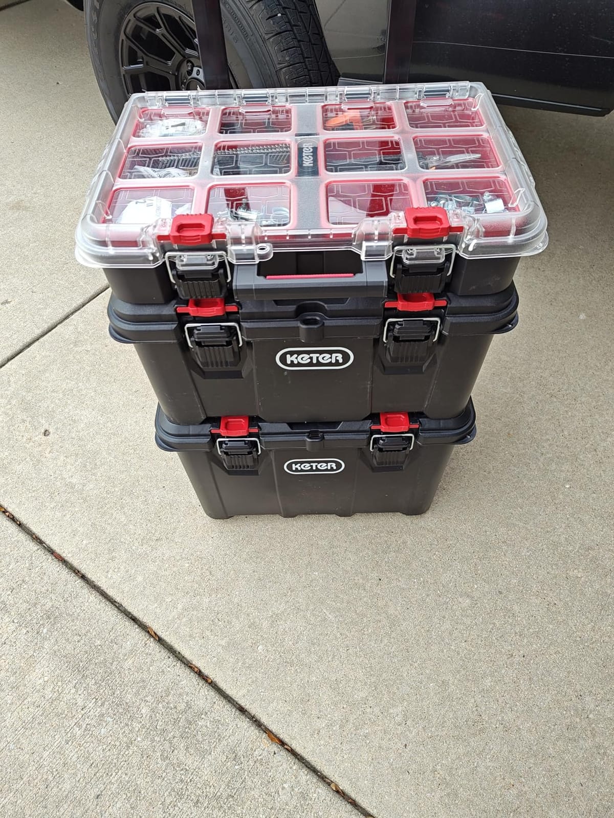 Keter Stack N Rolling Tool Box Modular Storage System 3 Piece | Black and Red, Heavy Duty, Weatherproof, All Terrain Wheels, Durable, Easy to Use, Telescoping Handle customer photo 2