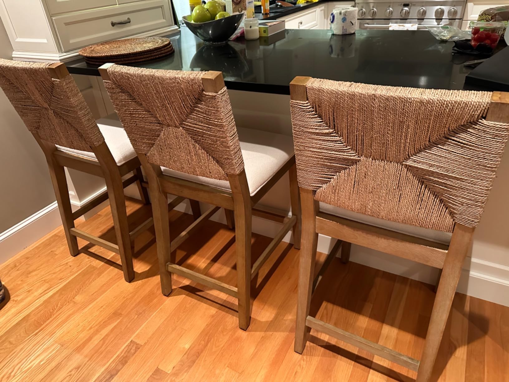 Nathan James Beacon Bohemian Boucle Bar Stool, Upholstered Counter Height Chair with Solid Wood Frame and Woven Seagrass Back for Kitchen Island, Light Brown/Seagrass/Cream Boucle customer photo 1
