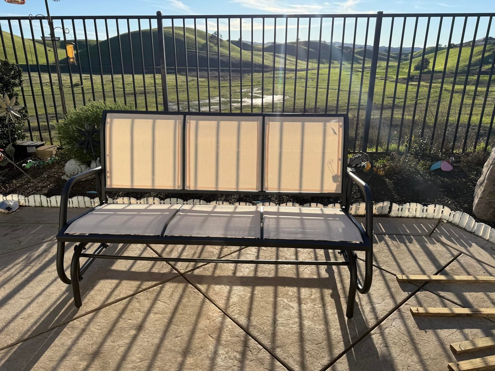 Outsunny 3-Person Patio Glider Bench, Outdoor Porch Glider Swing with 3 Seats, Breathable Mesh Fabric, Metal Frame, Light Mixed Brown customer photo 1